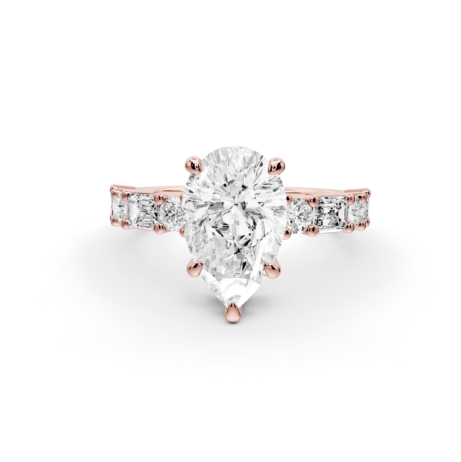 Juliette - 2ct 18k rose gold pear with Alternating Round and Emerald 8 - Stone Band Engagement Ring - Mr. Alex Jewelry