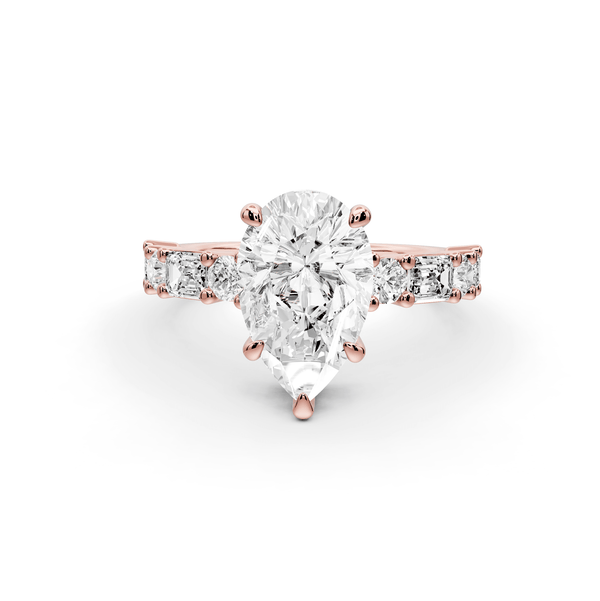 Juliette - 2ct 18k rose gold pear with Alternating Round and Emerald 8 - Stone Band Engagement Ring - Mr. Alex Jewelry