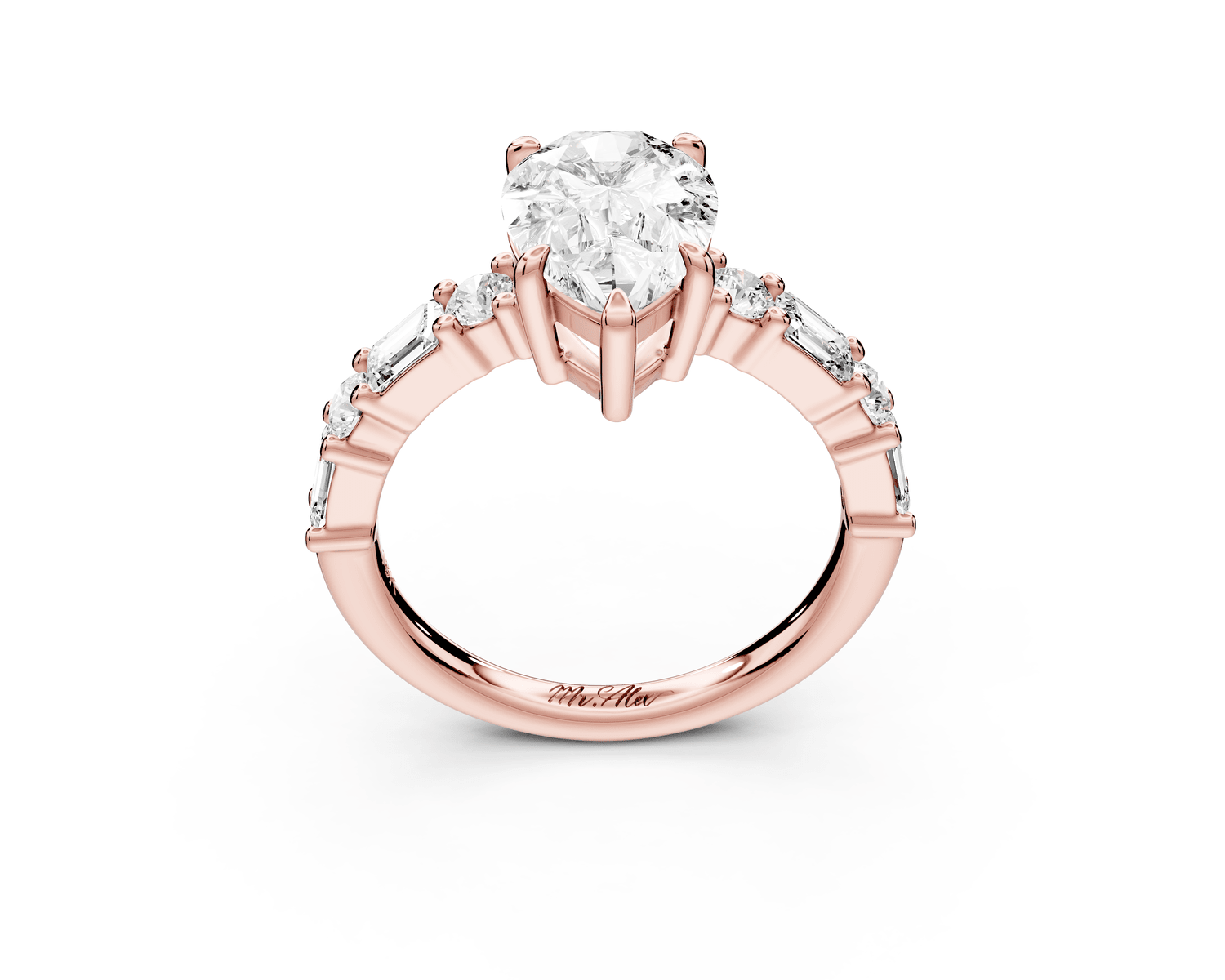 Juliette - 2ct 18k rose gold pear with Alternating Round and Emerald 8 - Stone Band Engagement Ring - Mr. Alex Jewelry