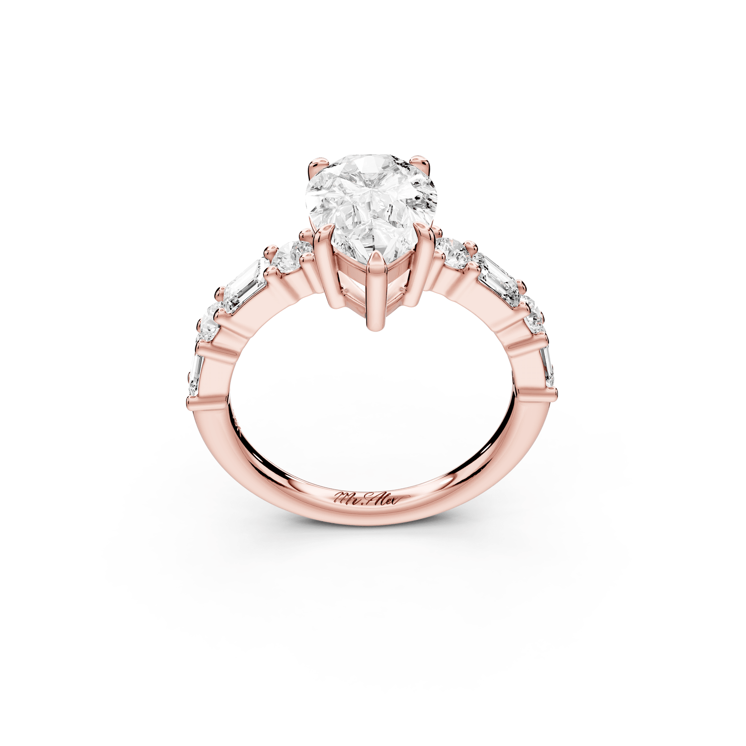 Juliette - 2ct 18k rose gold pear with Alternating Round and Emerald 8 - Stone Band Engagement Ring - Mr. Alex Jewelry