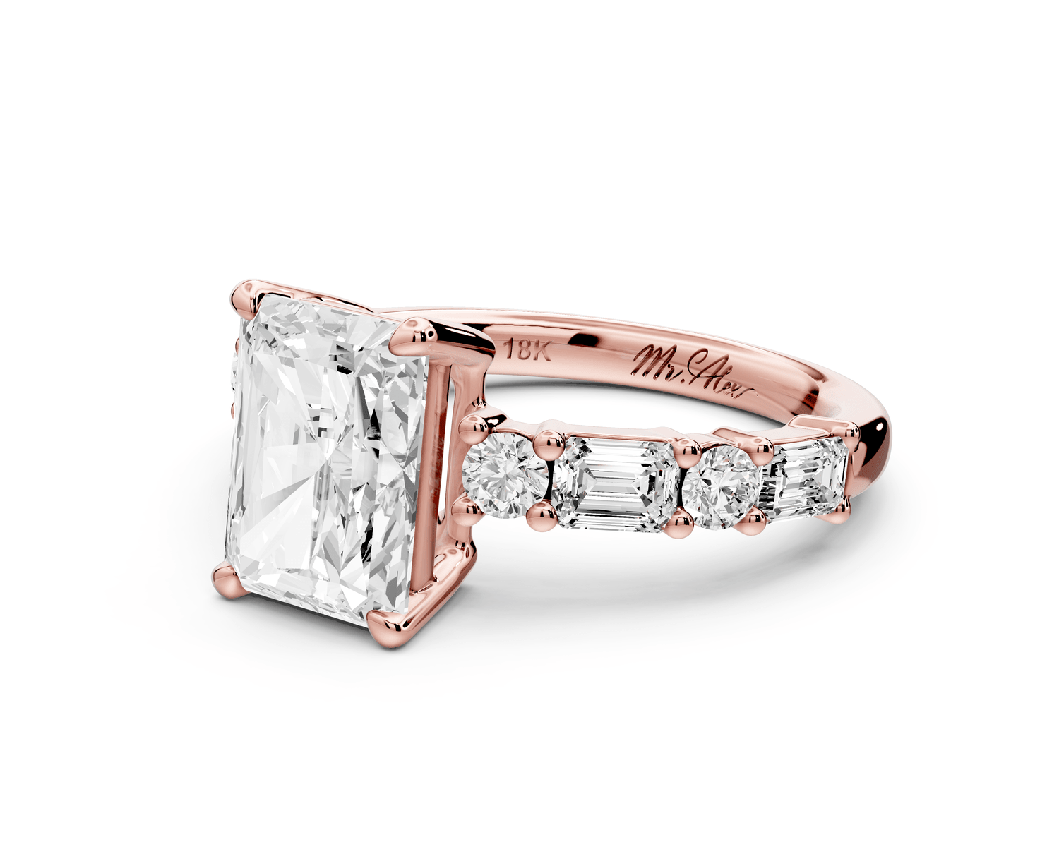 Juliette - 2ct 18k rose gold radiant with Alternating Round and Emerald 8 - Stone Band Engagement Ring - Mr. Alex Jewelry