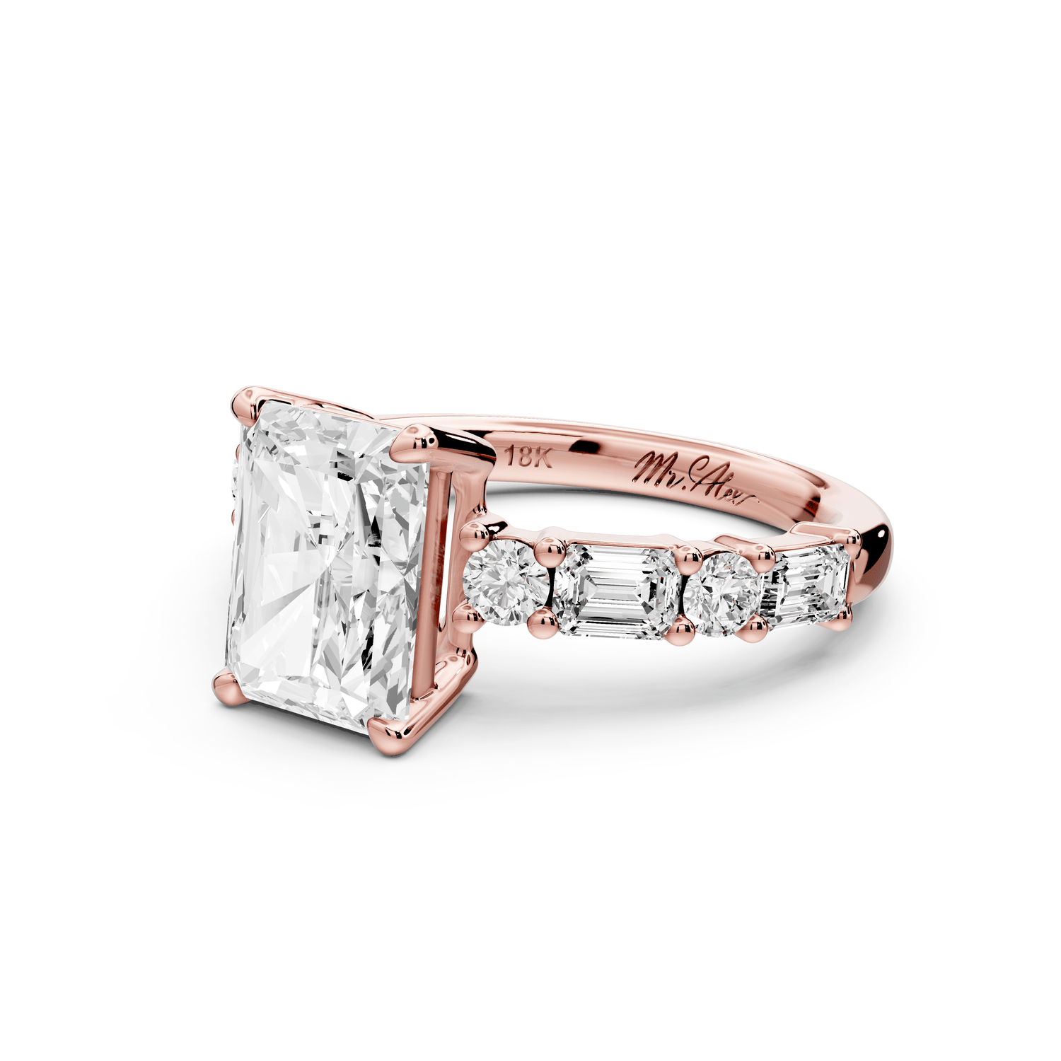 Juliette - 2ct 18k rose gold radiant with Alternating Round and Emerald 8 - Stone Band Engagement Ring - Mr. Alex Jewelry