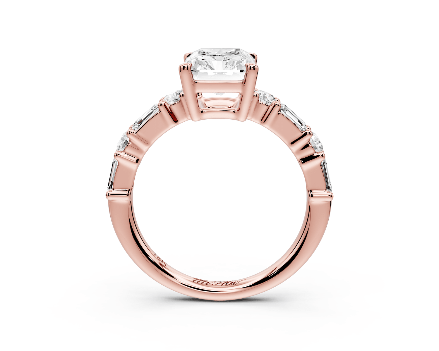 Juliette - 2ct 18k rose gold radiant with Alternating Round and Emerald 8 - Stone Band Engagement Ring - Mr. Alex Jewelry