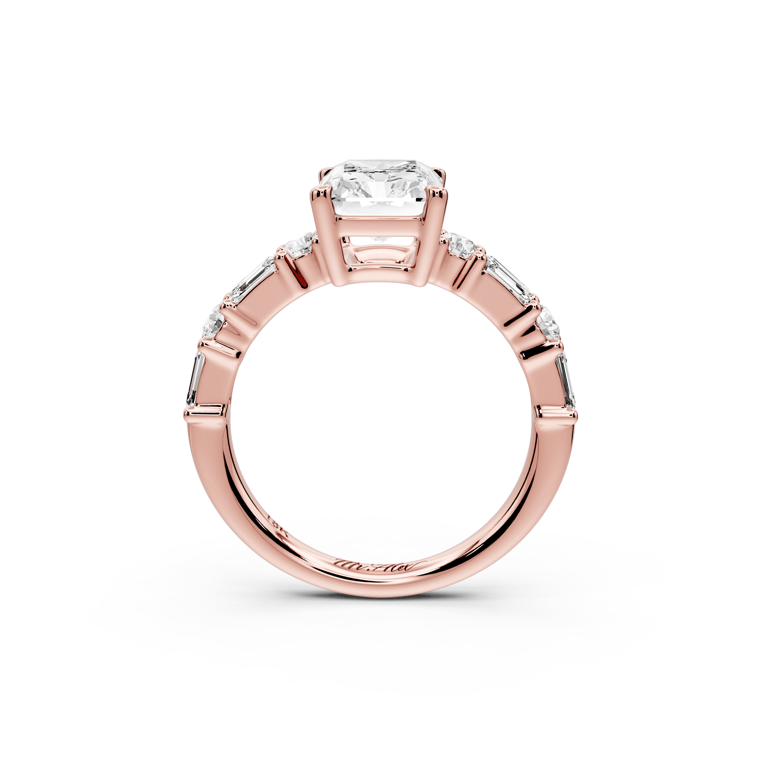 Juliette - 2ct 18k rose gold radiant with Alternating Round and Emerald 8 - Stone Band Engagement Ring - Mr. Alex Jewelry