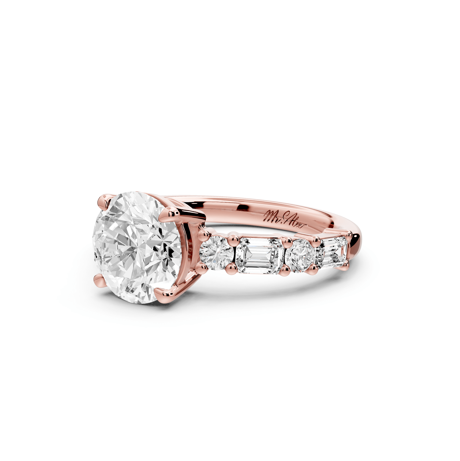 Juliette - 2ct 18k rose gold round with Alternating Round and Emerald 8 - Stone Band Engagement Ring - Mr. Alex Jewelry