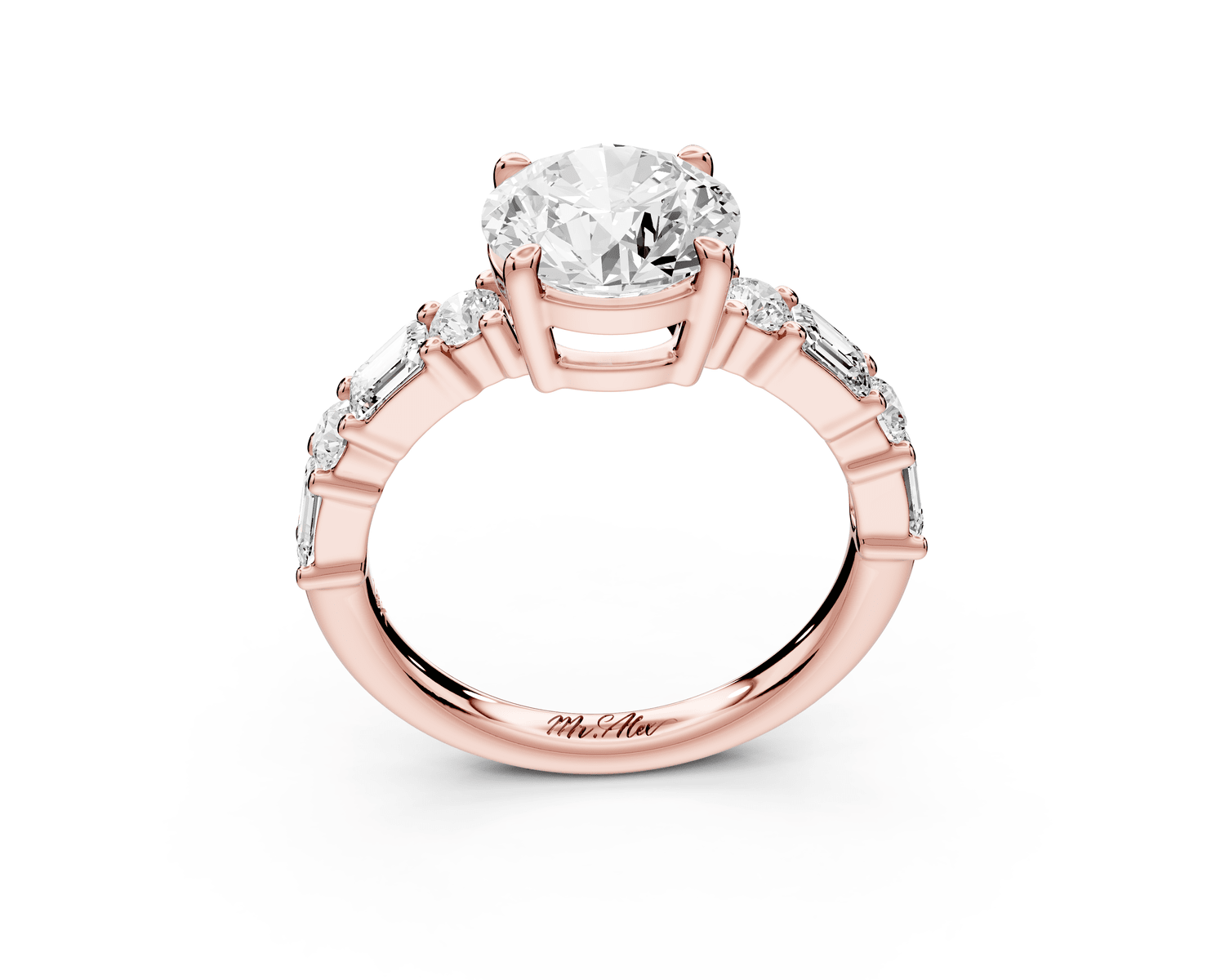 Juliette - 2ct 18k rose gold round with Alternating Round and Emerald 8 - Stone Band Engagement Ring - Mr. Alex Jewelry