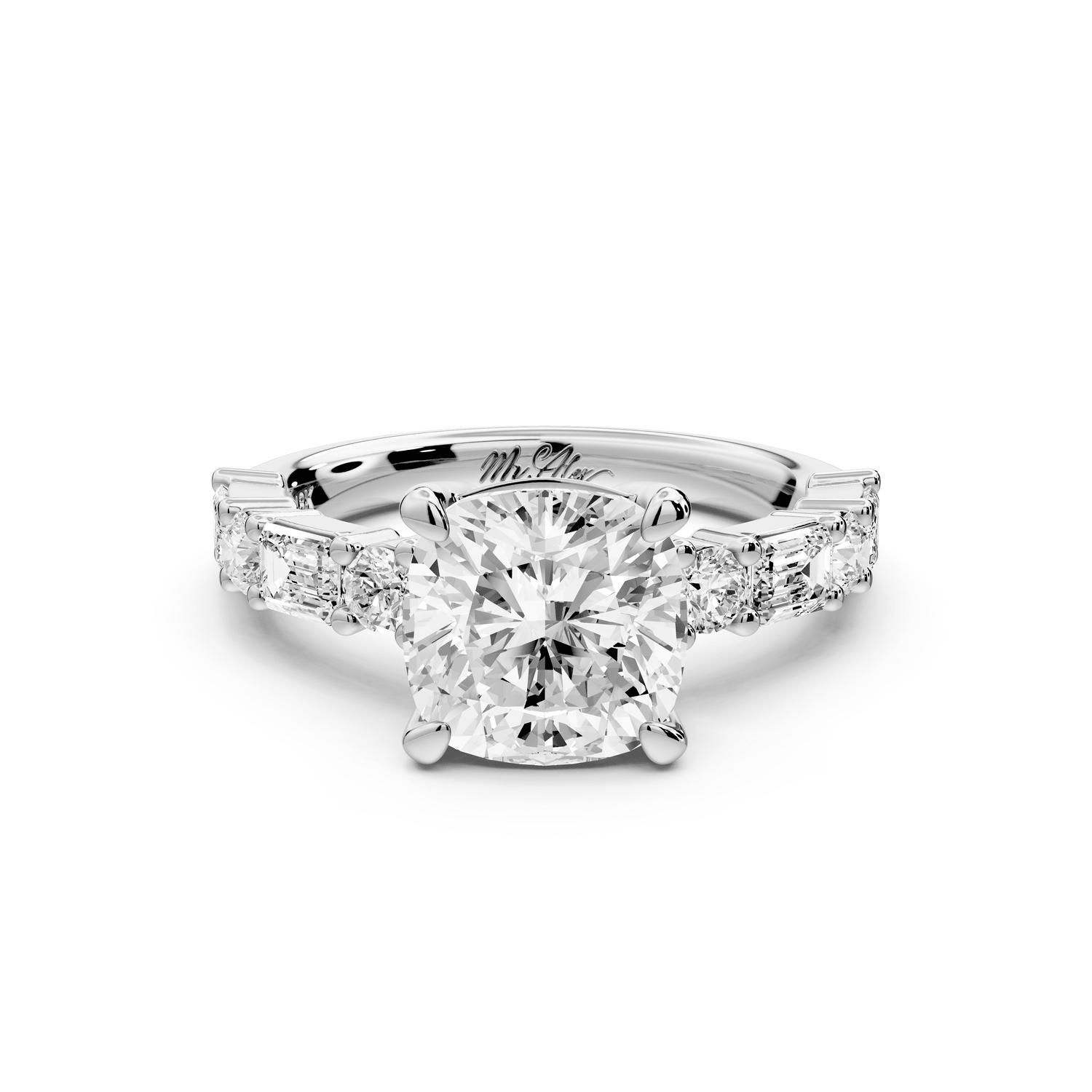 Juliette - 2ct 18k white gold cushion with Alternating Round and Emerald 8 - Stone Band Engagement Ring - Mr. Alex Jewelry