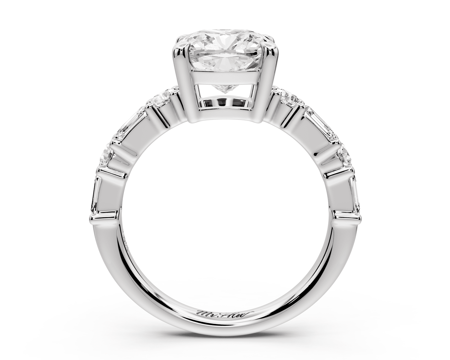 Juliette - 2ct 18k white gold cushion with Alternating Round and Emerald 8 - Stone Band Engagement Ring - Mr. Alex Jewelry