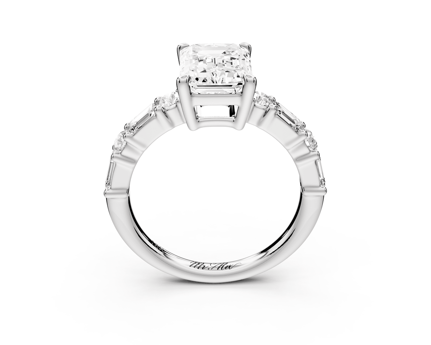 Juliette - 2ct 18k white gold emerald with Alternating Round and Emerald 8 - Stone Band Engagement Ring - Mr. Alex Jewelry