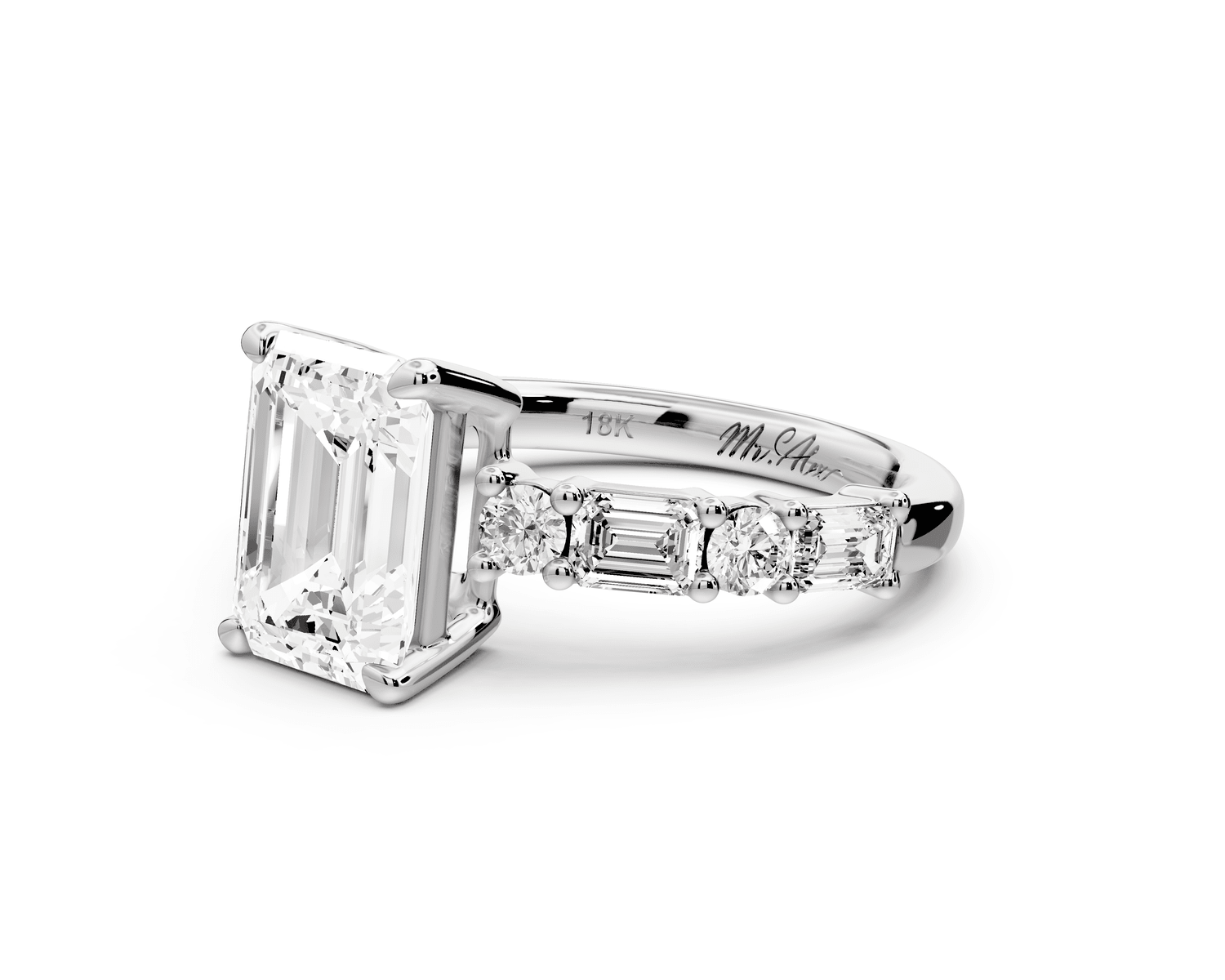 Juliette - 2ct 18k white gold emerald with Alternating Round and Emerald 8 - Stone Band Engagement Ring - Mr. Alex Jewelry