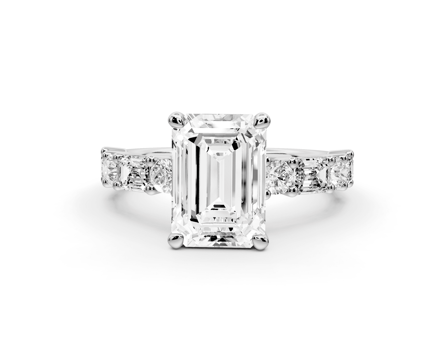 Juliette - 2ct 18k white gold emerald with Alternating Round and Emerald 8 - Stone Band Engagement Ring - Mr. Alex Jewelry