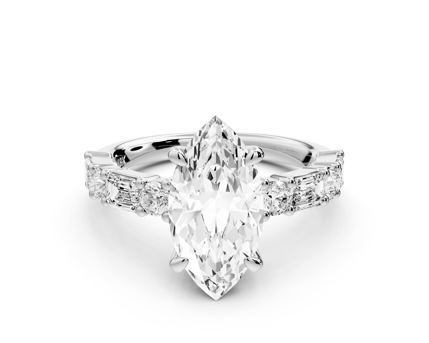 Juliette - 2ct 18k white gold marquise with Alternating Round and Emerald 8 - Stone Band Engagement Ring - Mr. Alex Jewelry