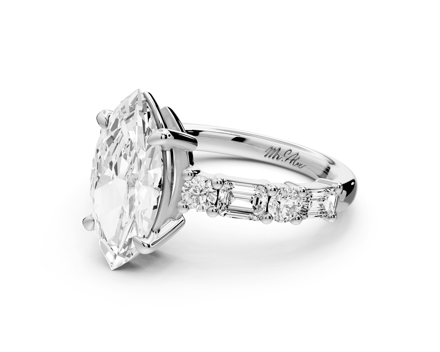 Juliette - 2ct 18k white gold marquise with Alternating Round and Emerald 8 - Stone Band Engagement Ring - Mr. Alex Jewelry