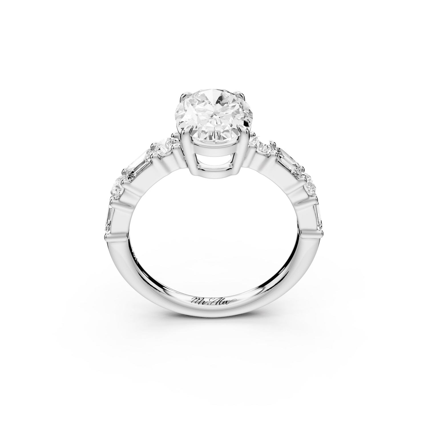 Juliette - 2ct 18k white gold oval with Alternating Round and Emerald 8 - Stone Band Engagement Ring - Mr. Alex Jewelry