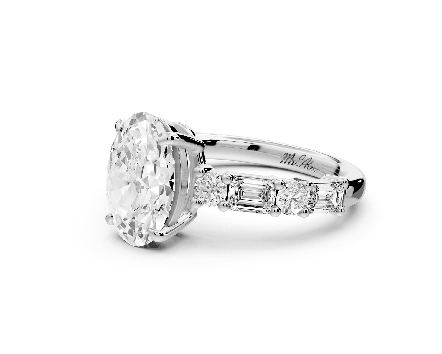 Juliette - 2ct 18k white gold oval with Alternating Round and Emerald 8 - Stone Band Engagement Ring - Mr. Alex Jewelry