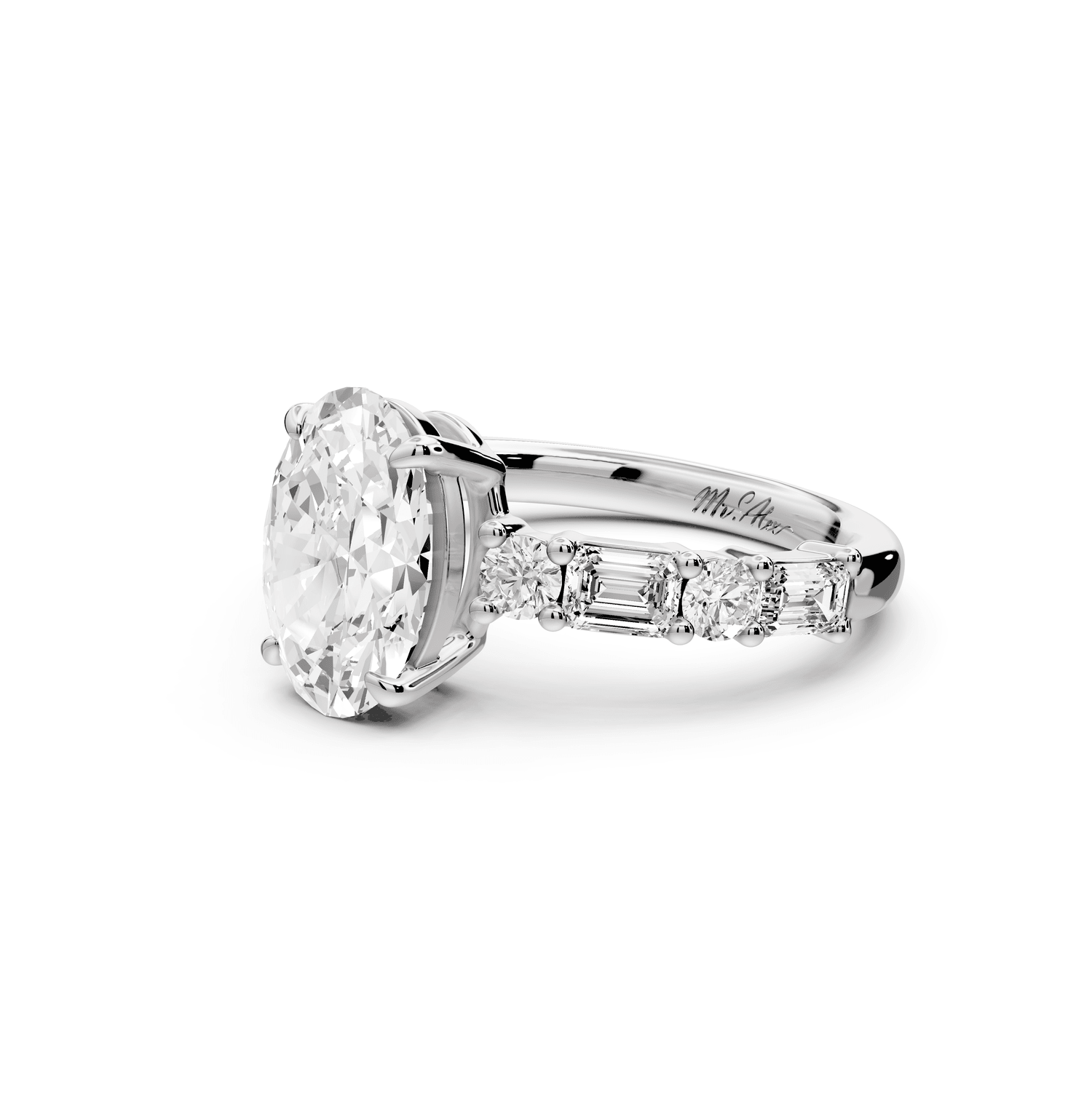 Juliette - 2ct 18k white gold oval with Alternating Round and Emerald 8 - Stone Band Engagement Ring - Mr. Alex Jewelry