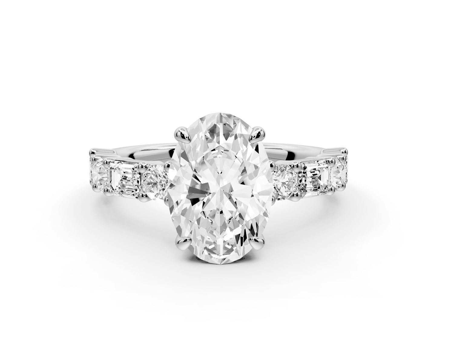 Juliette - 2ct 18k white gold oval with Alternating Round and Emerald 8 - Stone Band Engagement Ring - Mr. Alex Jewelry