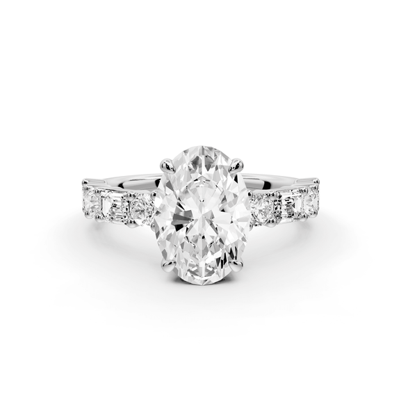 Juliette - 2ct 18k white gold oval with Alternating Round and Emerald 8 - Stone Band Engagement Ring - Mr. Alex Jewelry