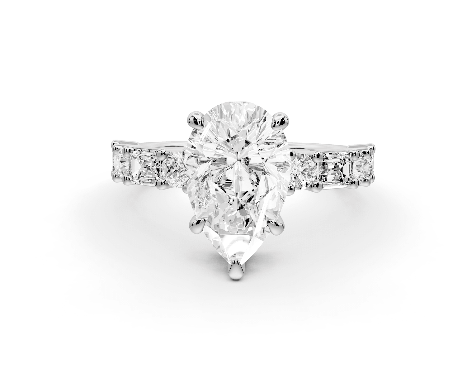 Juliette - 2ct 18k white gold pear with Alternating Round and Emerald 8 - Stone Band Engagement Ring - Mr. Alex Jewelry