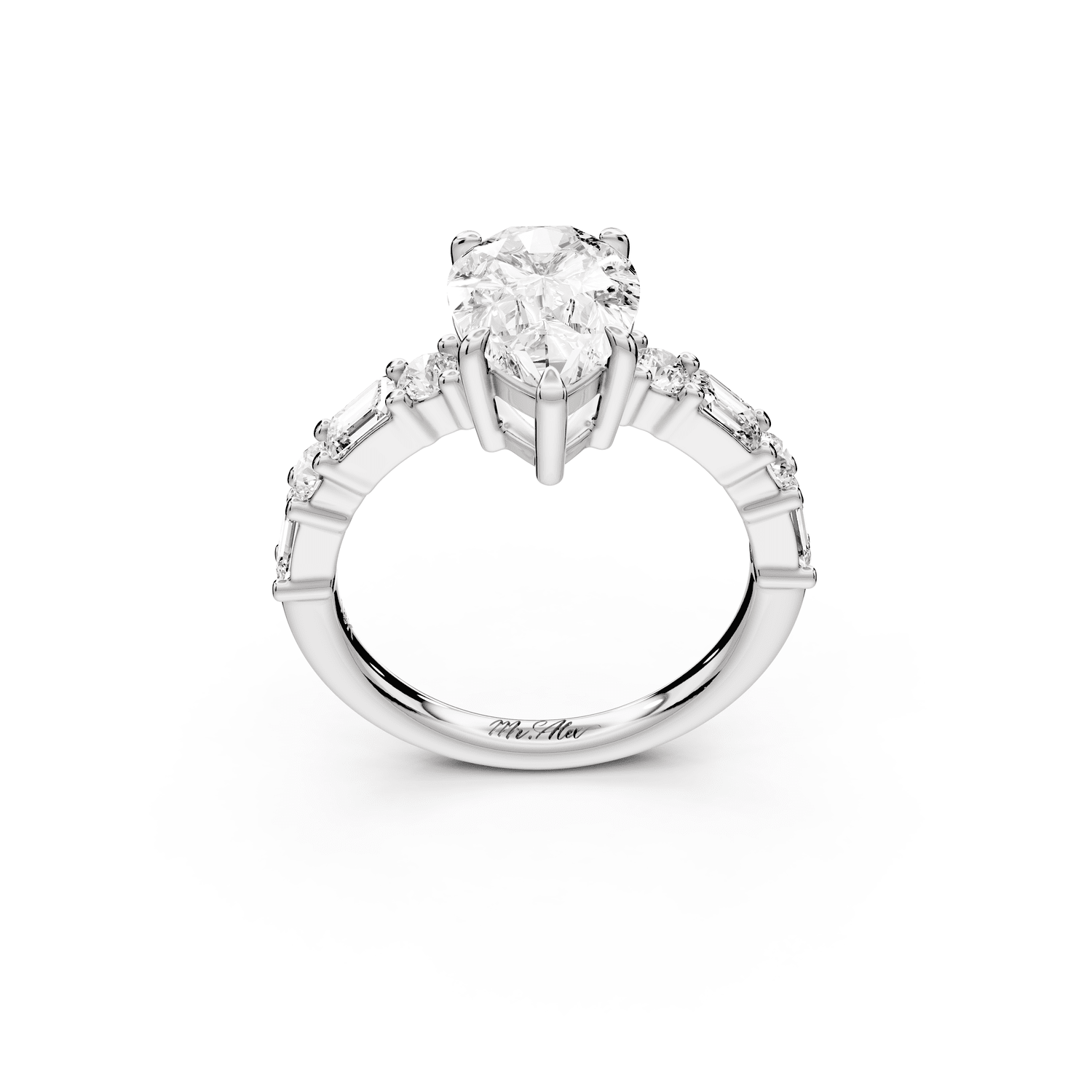 Juliette - 2ct 18k white gold pear with Alternating Round and Emerald 8 - Stone Band Engagement Ring - Mr. Alex Jewelry