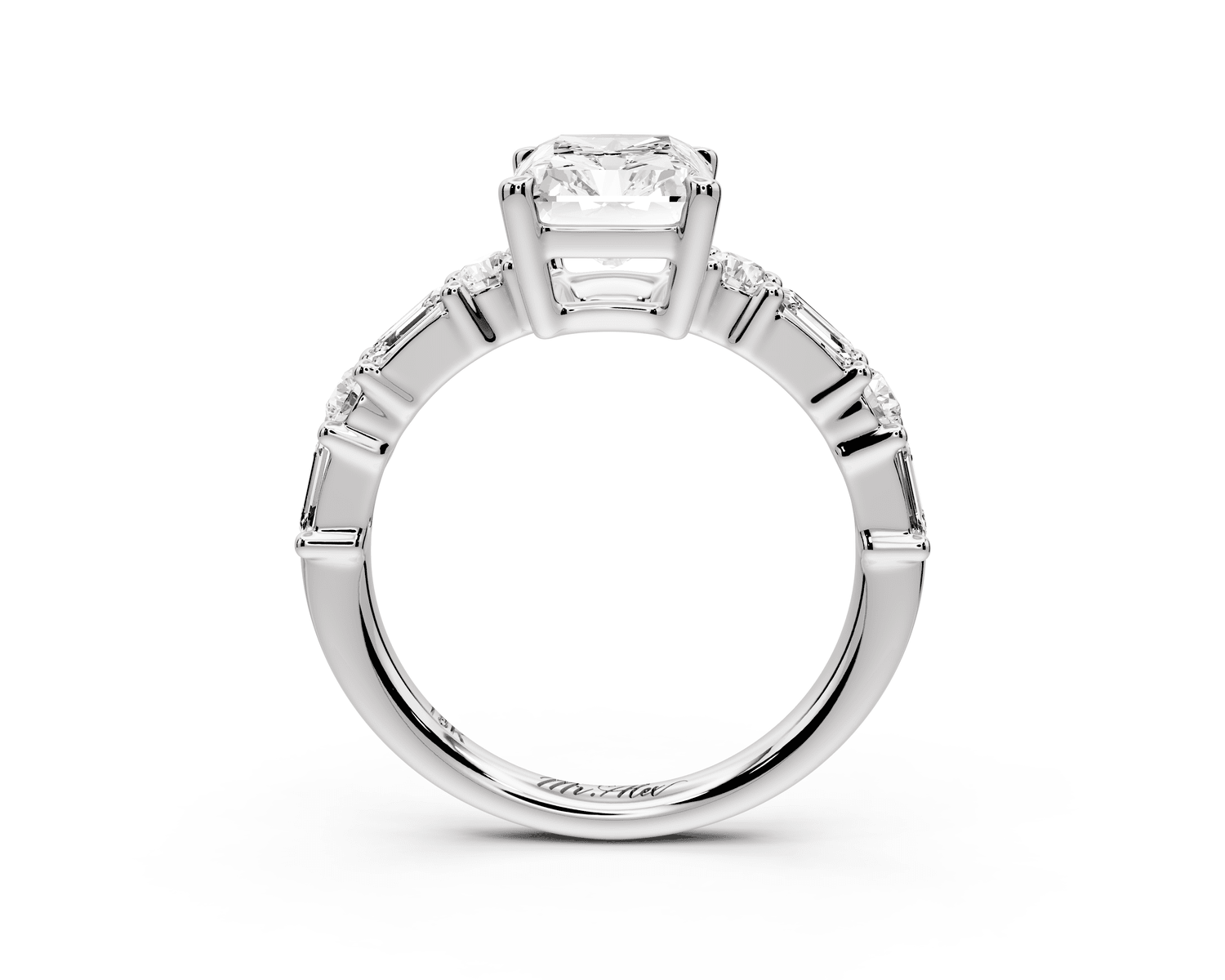 Juliette - 2ct 18k white gold radiant with Alternating Round and Emerald 8 - Stone Band Engagement Ring - Mr. Alex Jewelry