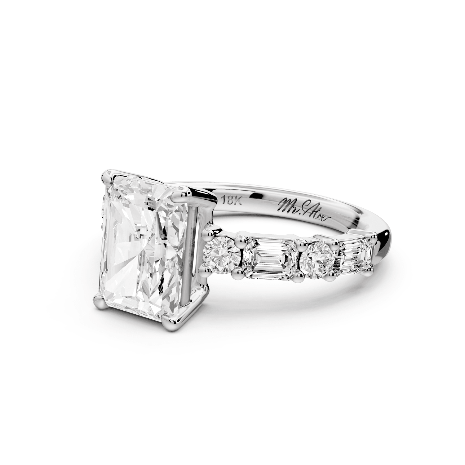 Juliette - 2ct 18k white gold radiant with Alternating Round and Emerald 8 - Stone Band Engagement Ring - Mr. Alex Jewelry