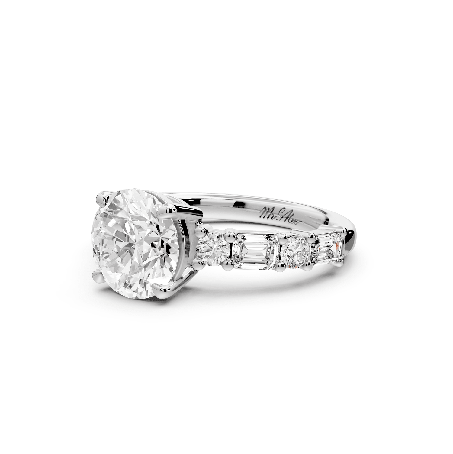 Juliette - 2ct 18k white gold round with Alternating Round and Emerald 8 - Stone Band Engagement Ring - Mr. Alex Jewelry