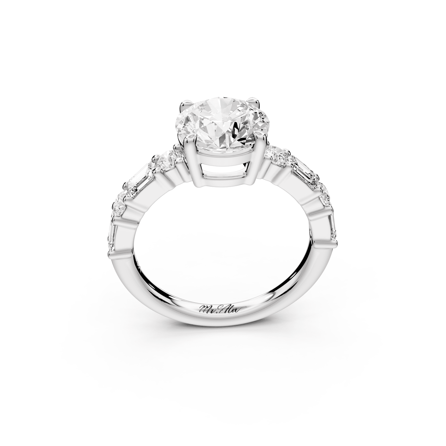 Juliette - 2ct 18k white gold round with Alternating Round and Emerald 8 - Stone Band Engagement Ring - Mr. Alex Jewelry