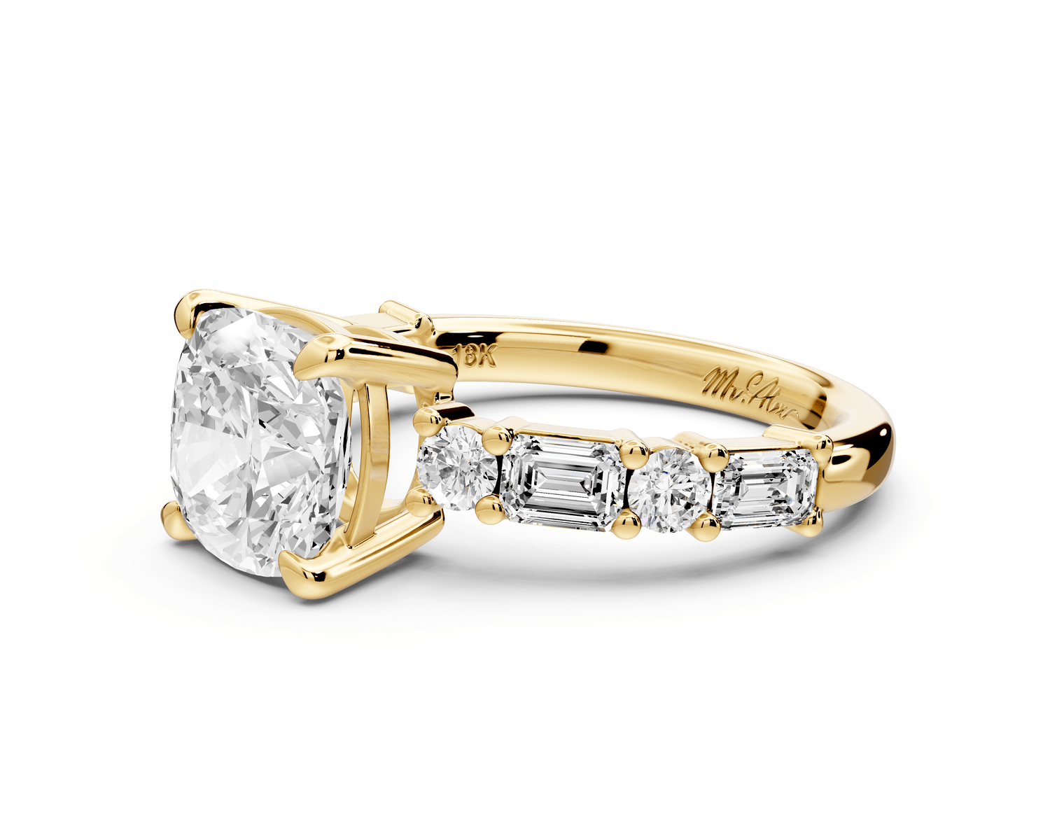 Juliette - 2ct 18k yellow gold cushion with Alternating Round and Emerald 8 - Stone Band Engagement Ring - Mr. Alex Jewelry