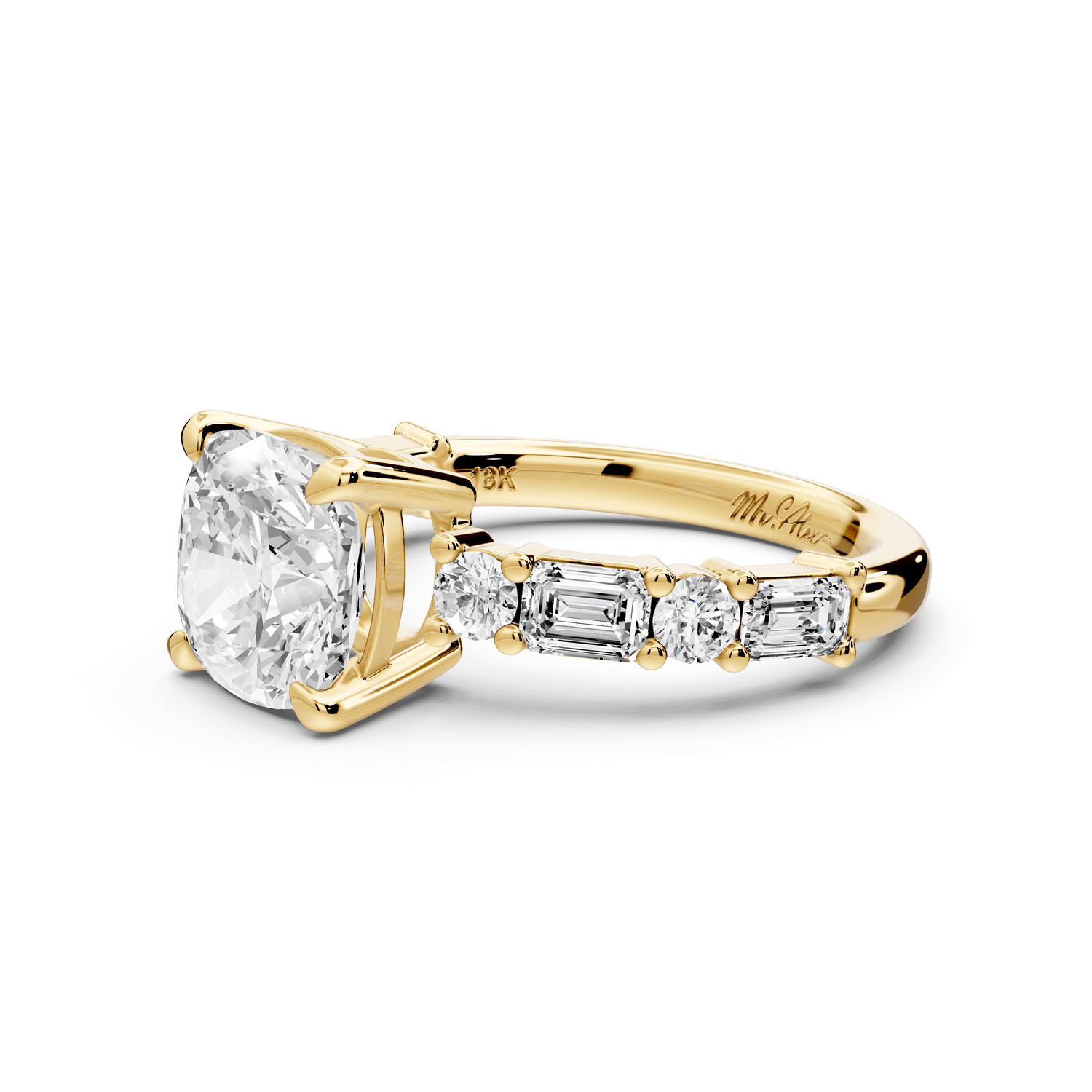 Juliette - 2ct 18k yellow gold cushion with Alternating Round and Emerald 8 - Stone Band Engagement Ring - Mr. Alex Jewelry