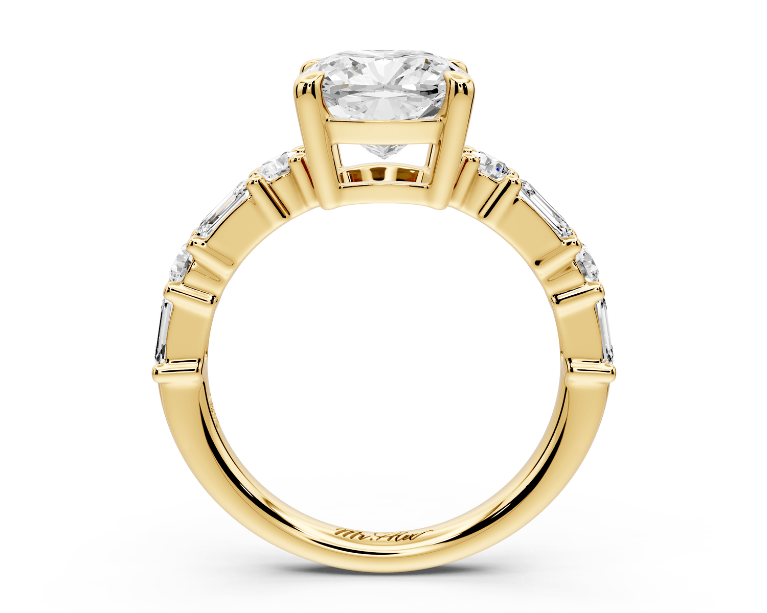 Juliette - 2ct 18k yellow gold cushion with Alternating Round and Emerald 8 - Stone Band Engagement Ring - Mr. Alex Jewelry