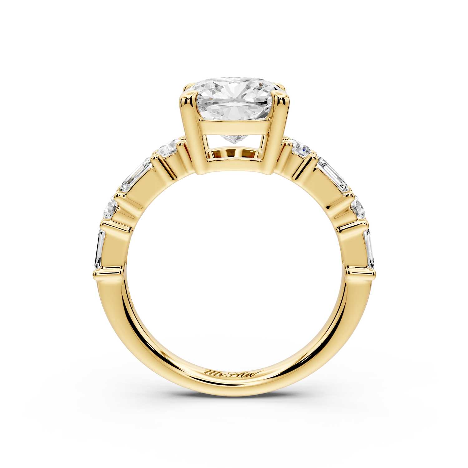 Juliette - 2ct 18k yellow gold cushion with Alternating Round and Emerald 8 - Stone Band Engagement Ring - Mr. Alex Jewelry