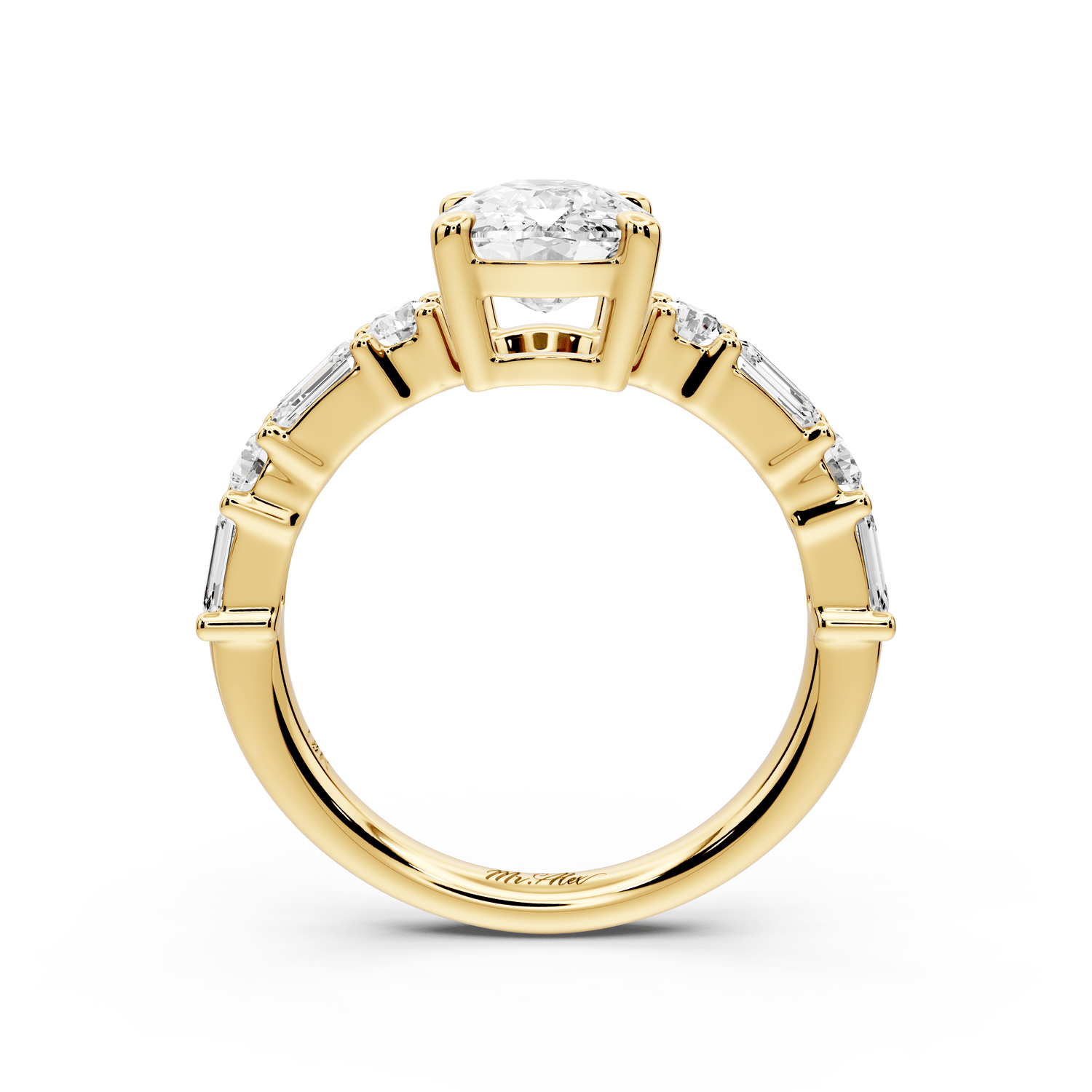 Juliette - 2ct 18k yellow gold ecushion with Alternating Round and Emerald 8 - Stone Band Engagement Ring - Mr. Alex Jewelry