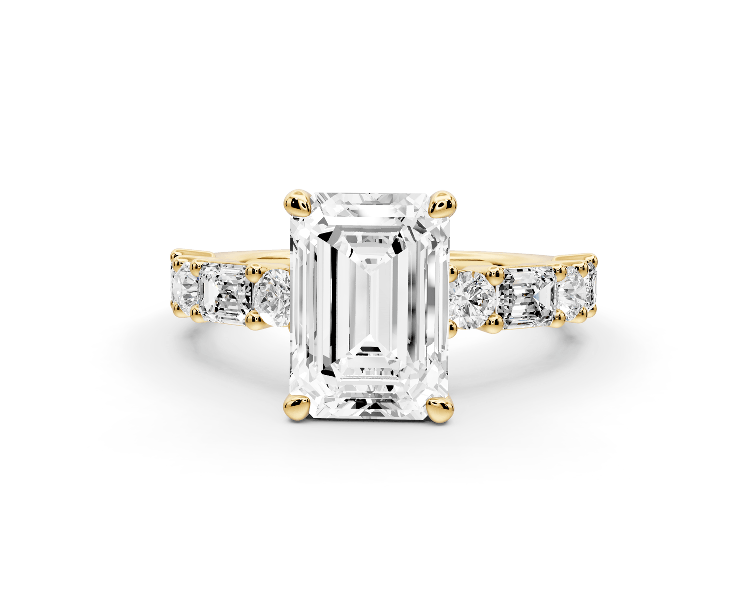 Juliette - 2ct 18k yellow gold emerald with Alternating Round and Emerald 8 - Stone Band Engagement Ring - Mr. Alex Jewelry