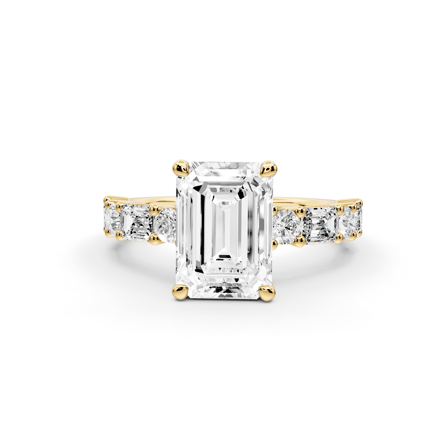 Juliette - 2ct 18k yellow gold emerald with Alternating Round and Emerald 8 - Stone Band Engagement Ring - Mr. Alex Jewelry