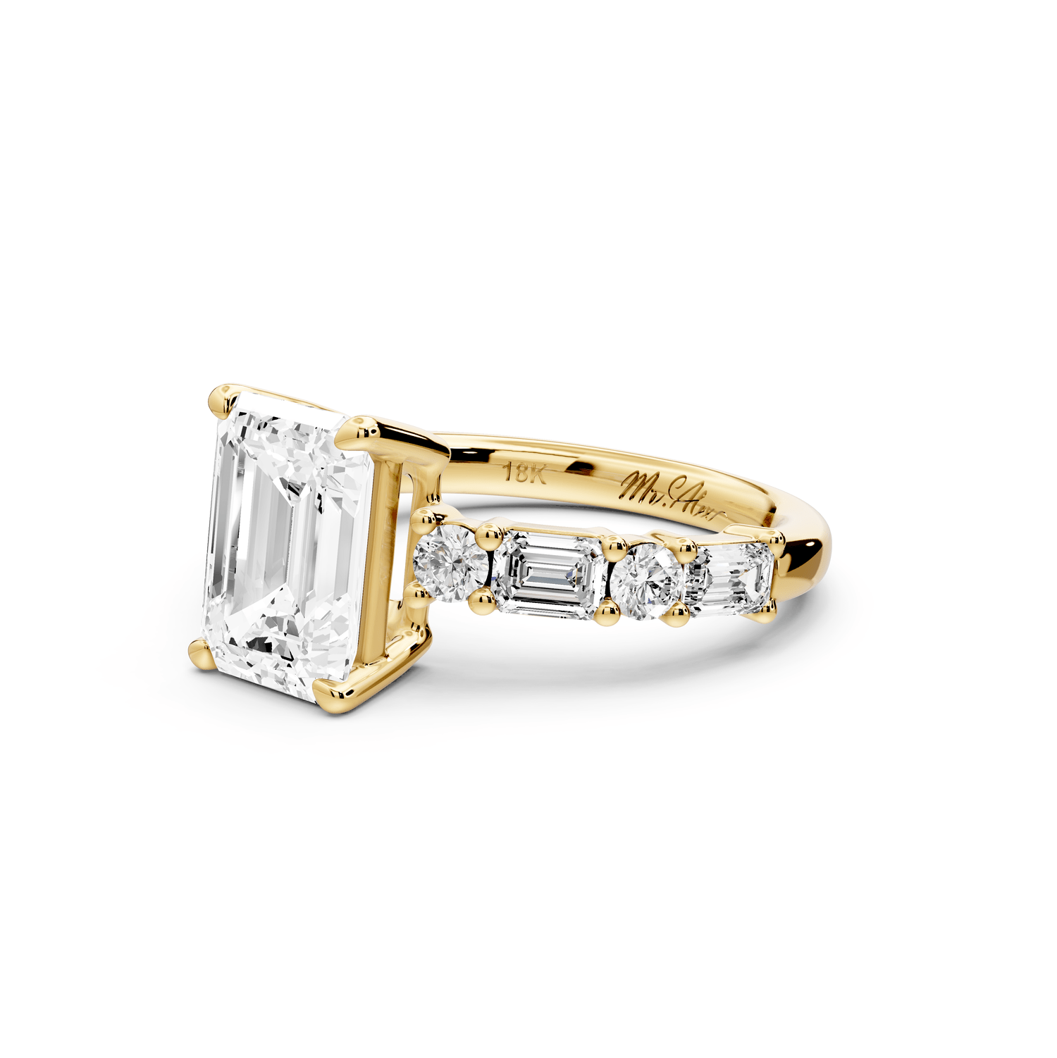 Juliette - 2ct 18k yellow gold emerald with Alternating Round and Emerald 8 - Stone Band Engagement Ring - Mr. Alex Jewelry