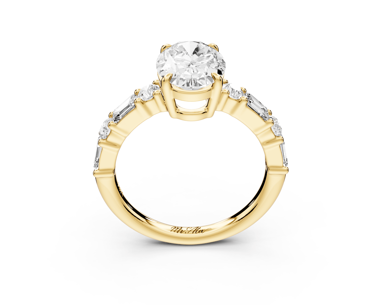 Juliette - 2ct 18k yellow gold oval with Alternating Round and Emerald 8 - Stone Band Engagement Ring - Mr. Alex Jewelry