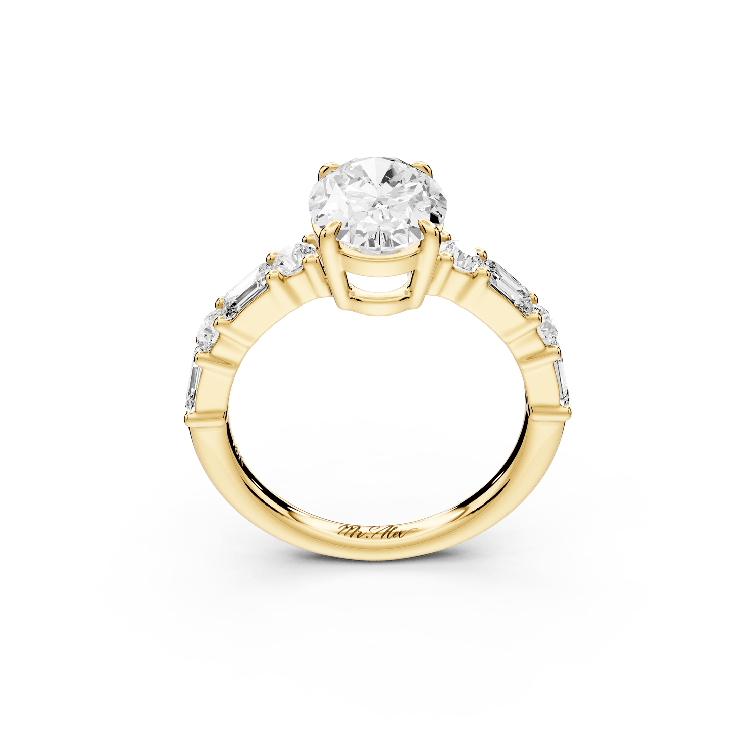 Juliette - 2ct 18k yellow gold oval with Alternating Round and Emerald 8 - Stone Band Engagement Ring - Mr. Alex Jewelry