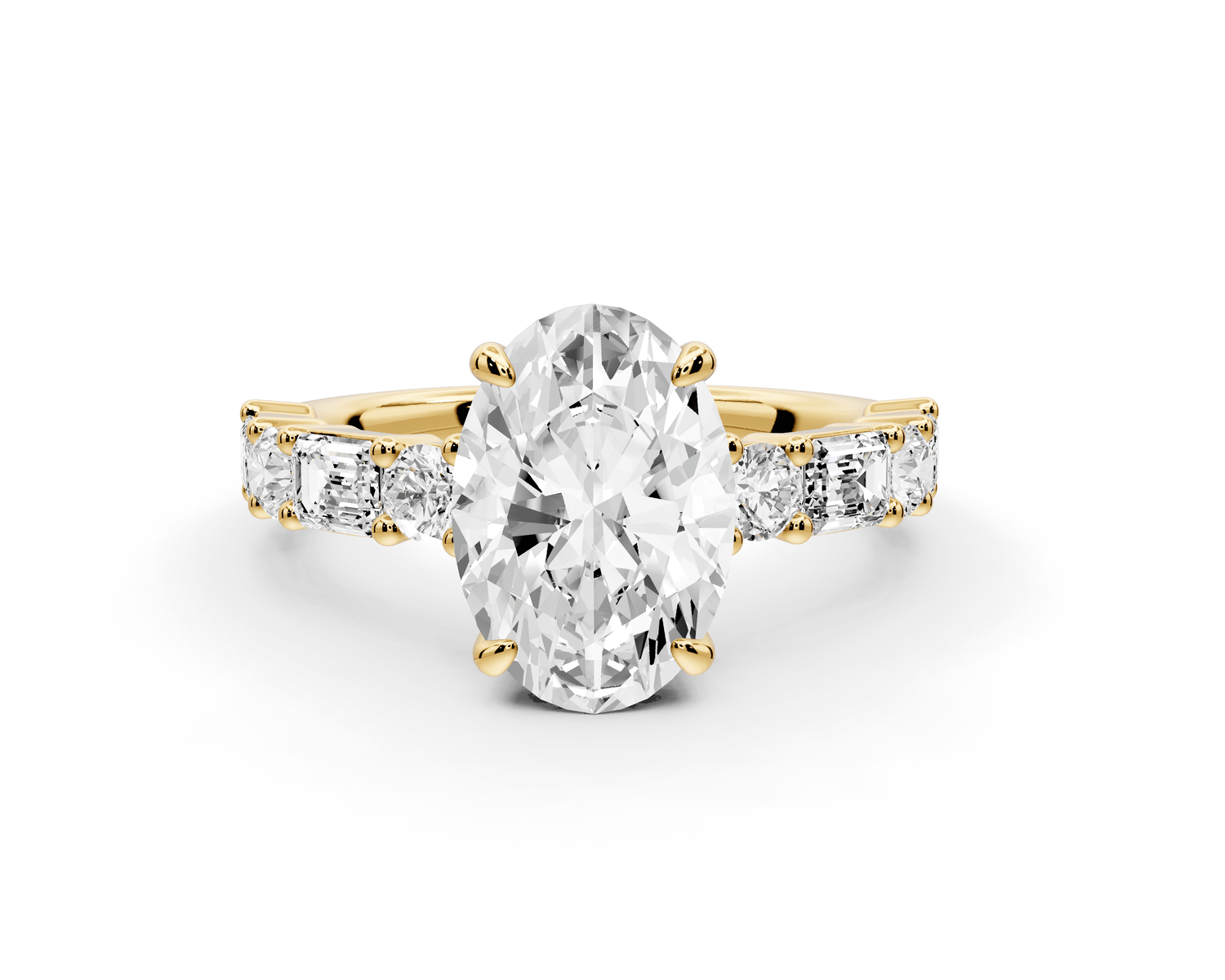 Juliette - 2ct 18k yellow gold oval with Alternating Round and Emerald 8 - Stone Band Engagement Ring - Mr. Alex Jewelry