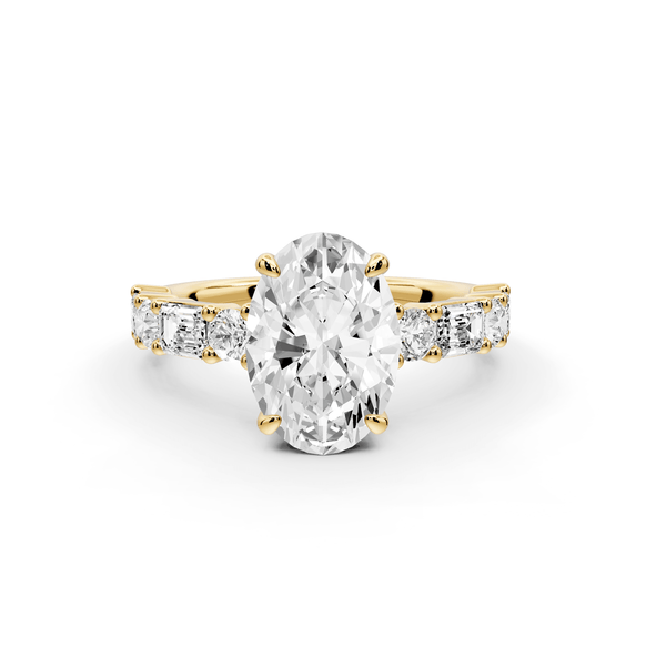 Juliette - 2ct 18k yellow gold oval with Alternating Round and Emerald 8 - Stone Band Engagement Ring - Mr. Alex Jewelry