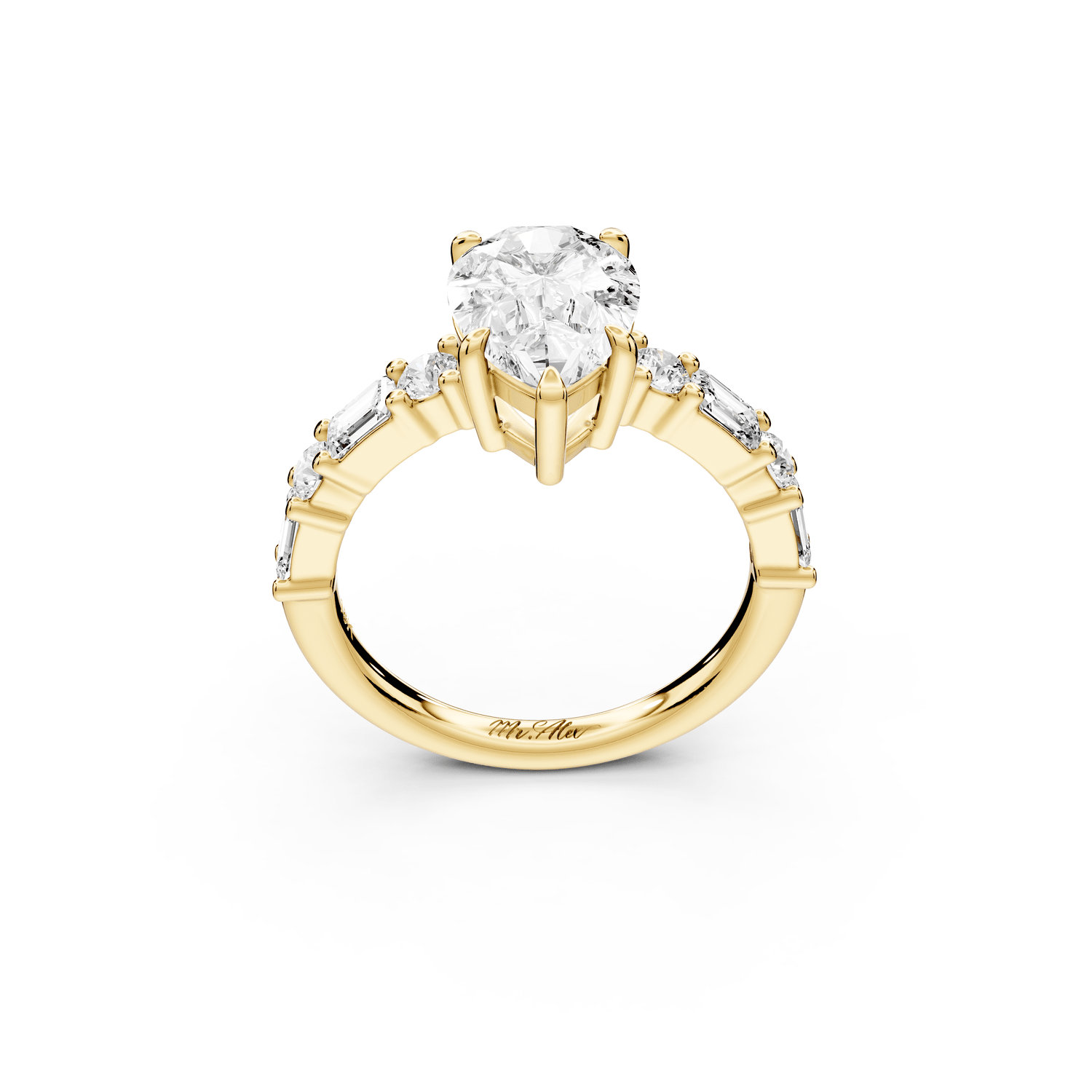 Juliette - 2ct 18k yellow gold pear with Alternating Round and Emerald 8 - Stone Band Engagement Ring - Mr. Alex Jewelry