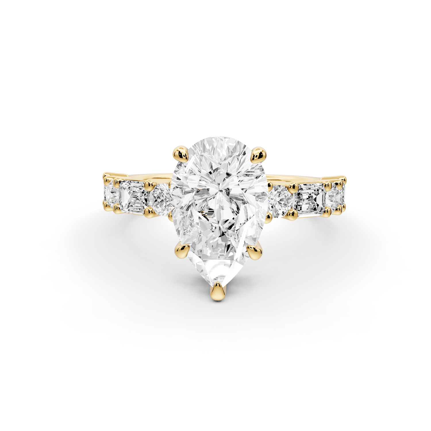 Juliette - 2ct 18k yellow gold pear with Alternating Round and Emerald 8 - Stone Band Engagement Ring - Mr. Alex Jewelry