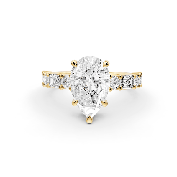 Juliette - 2ct 18k yellow gold pear with Alternating Round and Emerald 8 - Stone Band Engagement Ring - Mr. Alex Jewelry