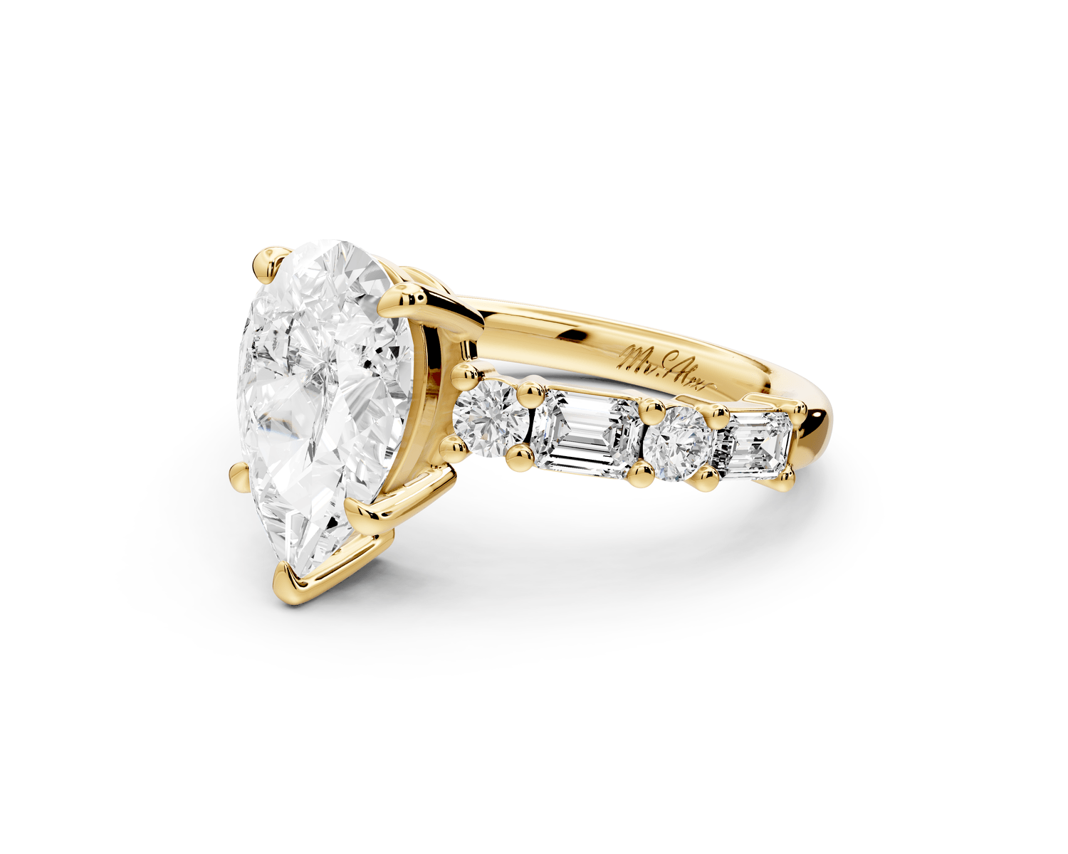 Juliette - 2ct 18k yellow gold pear with Alternating Round and Emerald 8 - Stone Band Engagement Ring - Mr. Alex Jewelry
