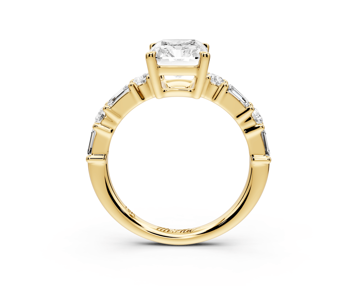 Juliette - 2ct 18k yellow gold radiant with Alternating Round and Emerald 8 - Stone Band Engagement Ring - Mr. Alex Jewelry
