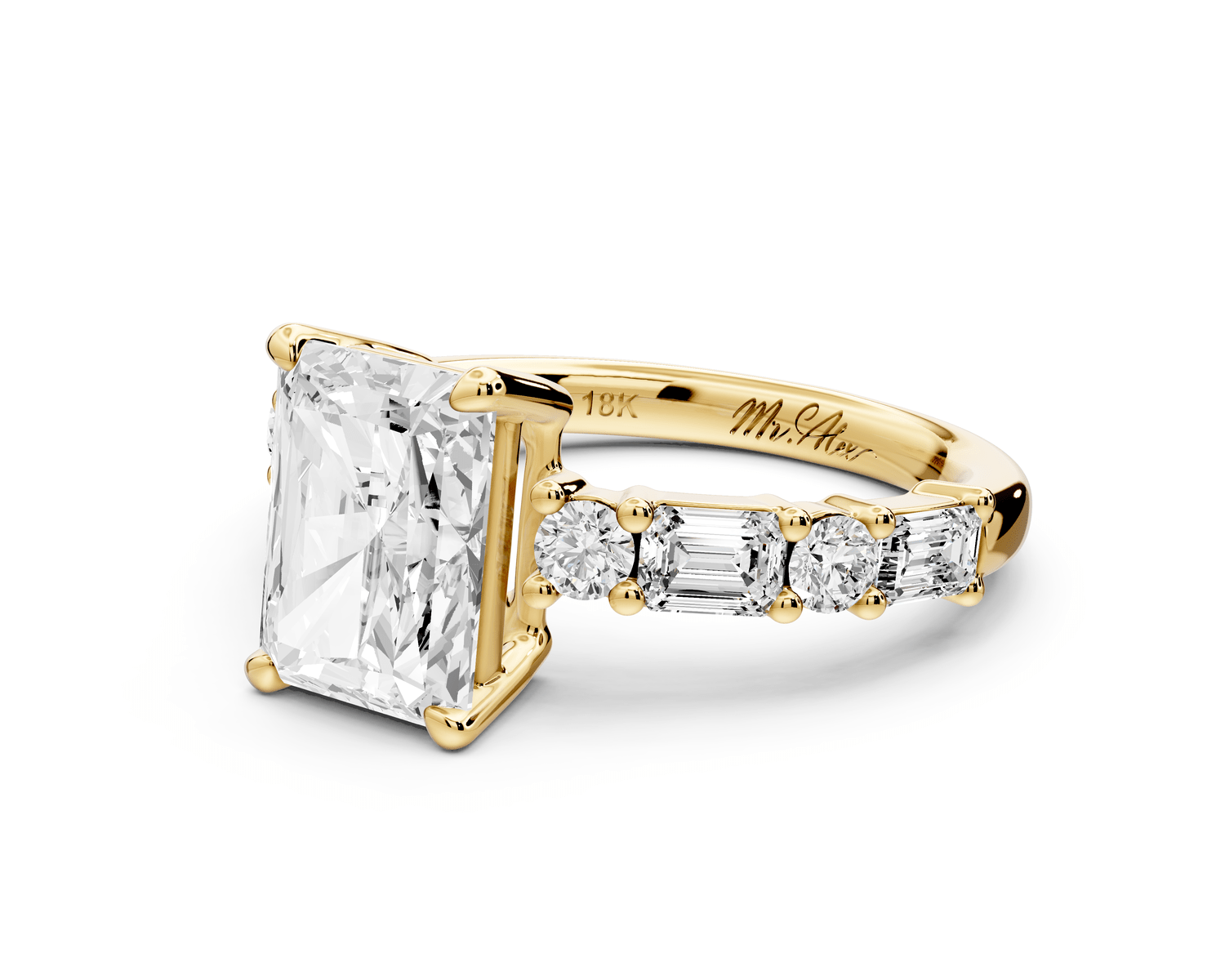 Juliette - 2ct 18k yellow gold radiant with Alternating Round and Emerald 8 - Stone Band Engagement Ring - Mr. Alex Jewelry