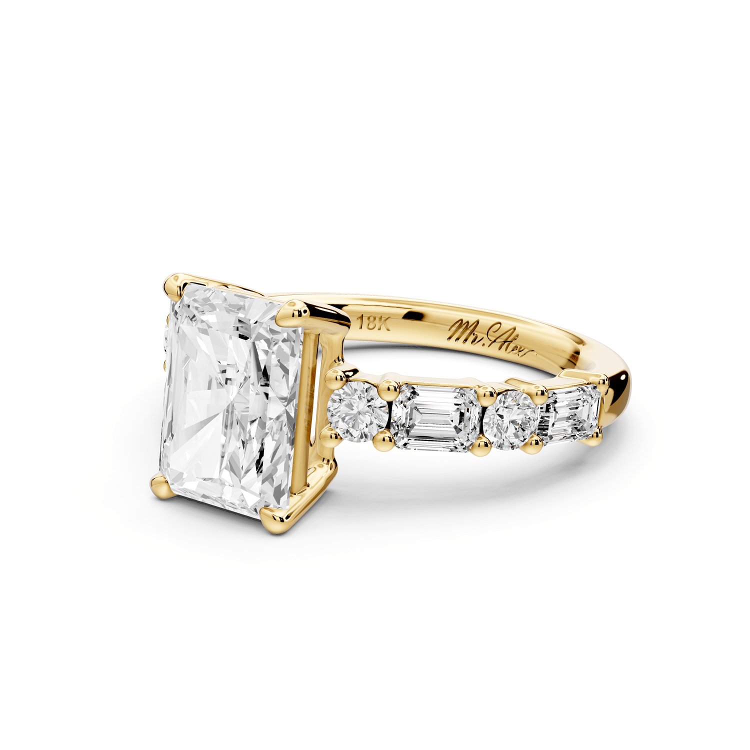 Juliette - 2ct 18k yellow gold radiant with Alternating Round and Emerald 8 - Stone Band Engagement Ring - Mr. Alex Jewelry
