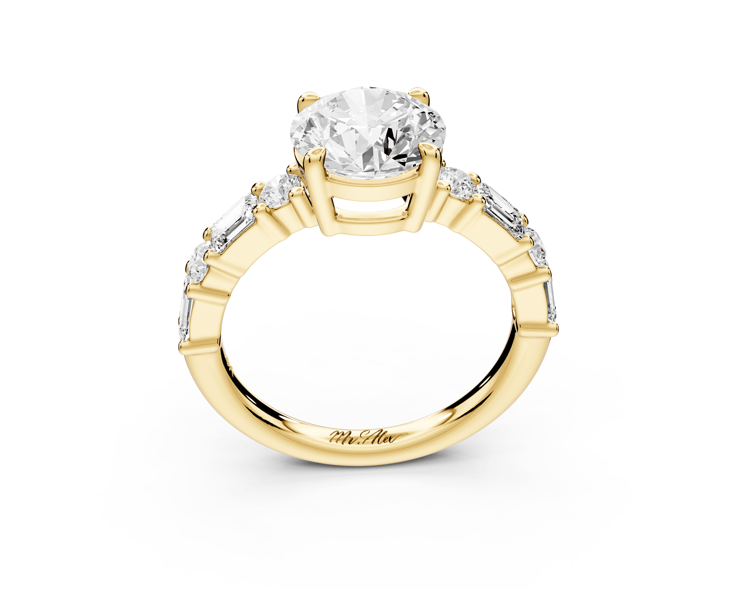 Juliette - 2ct 18k yellow gold round with Alternating Round and Emerald 8 - Stone Band Engagement Ring - Mr. Alex Jewelry