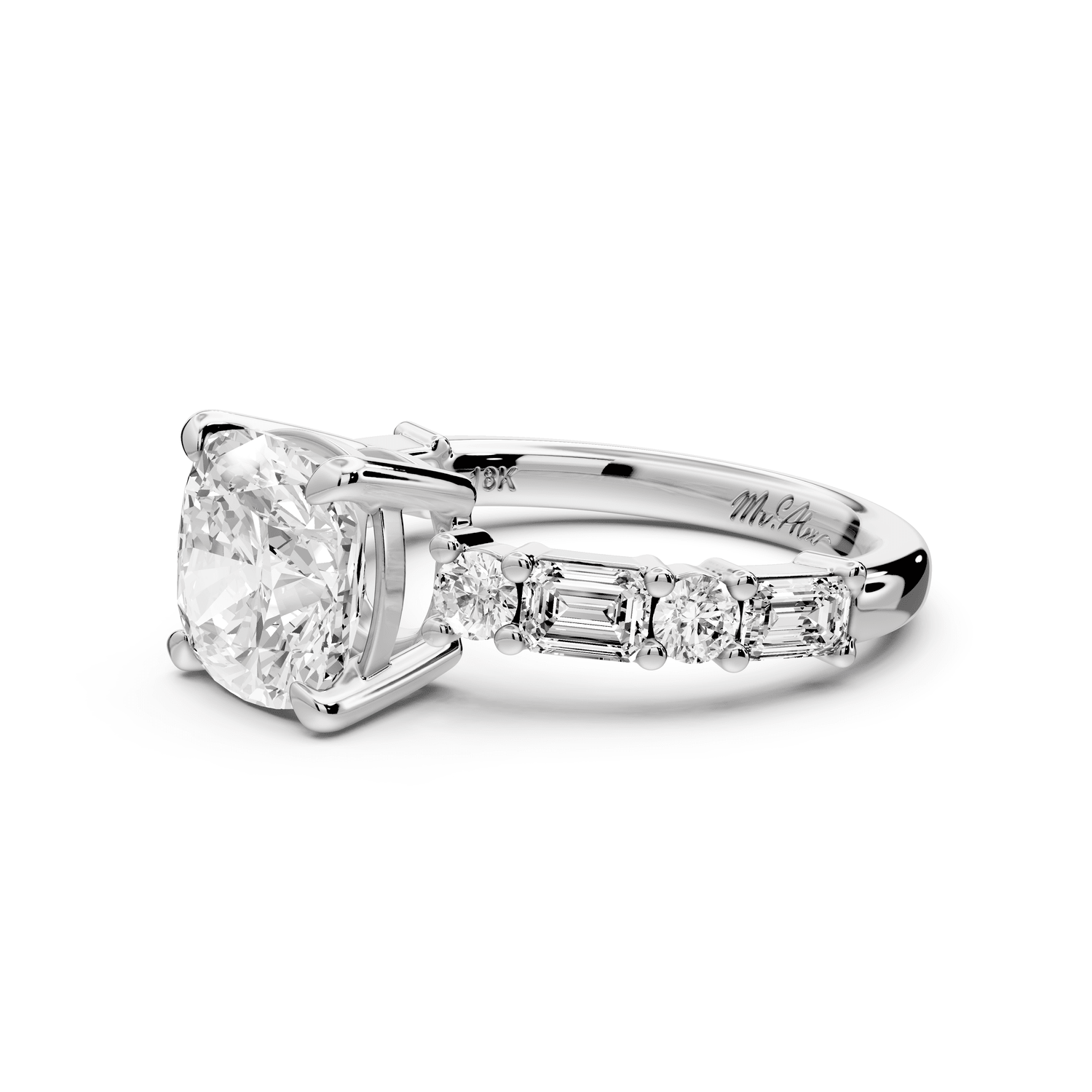 Juliette - 2ct platinum cushion with Alternating Round and Emerald 8 - Stone Band Engagement Ring - Mr. Alex Jewelry