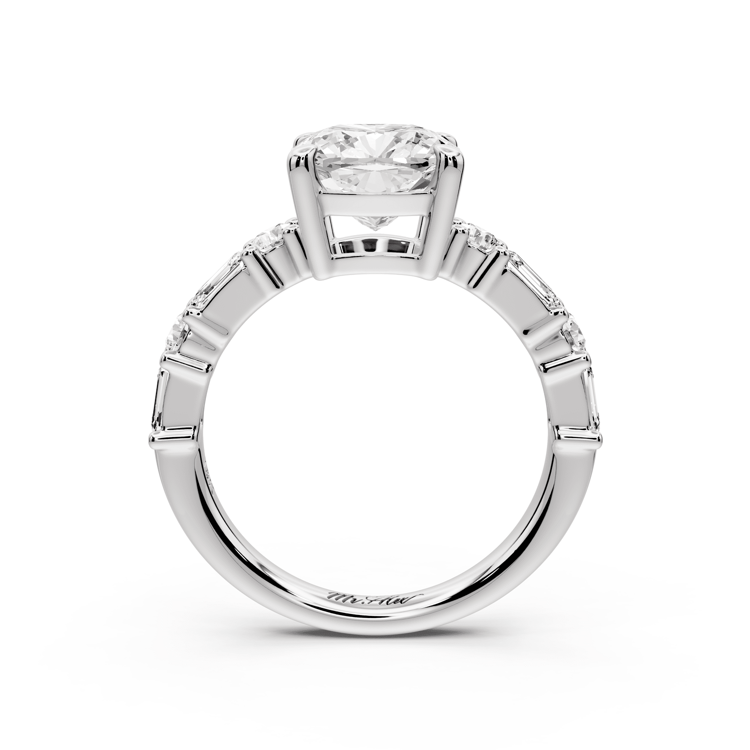 Juliette - 2ct platinum cushion with Alternating Round and Emerald 8 - Stone Band Engagement Ring - Mr. Alex Jewelry